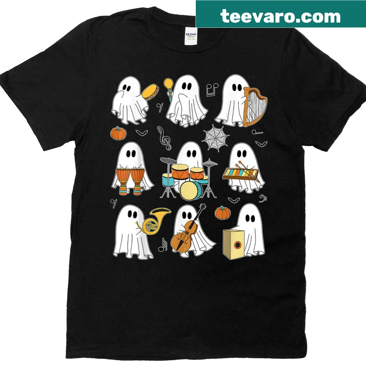 Ghost playing musical instruments graphic for Halloween — on a men's t-shirt