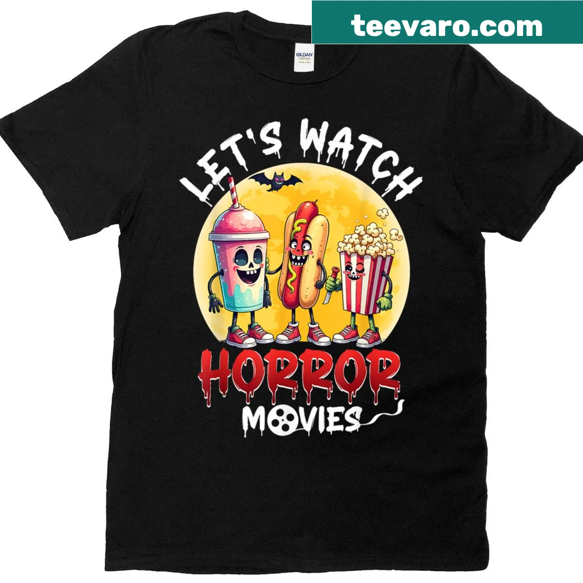 Halloween snack characters with the text 'Let's Watch Horror Movies' — on a men's t-shirt