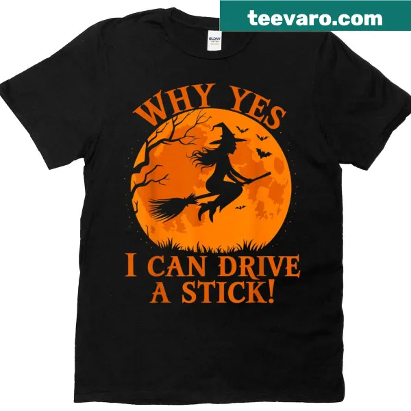 Funny Halloween T-shirt with a witch driving a stick