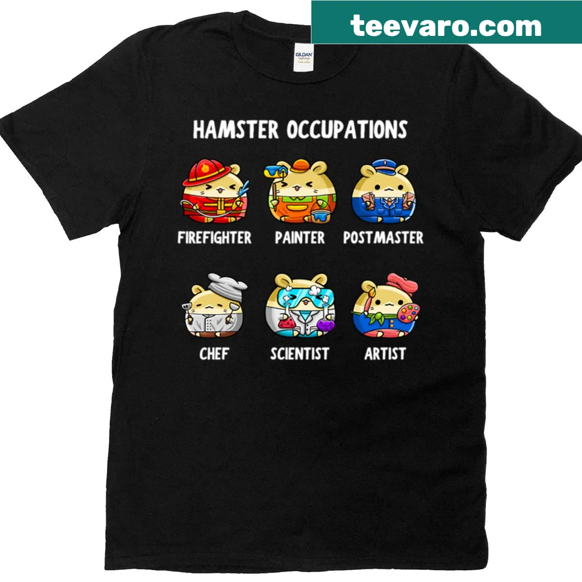T-shirt featuring hamsters in different jobs like chef and firefighter, designed for kids — on a men's t-shirt