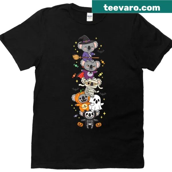 Whimsical koala witch and vampire ghost graphic on a Halloween t-shirt