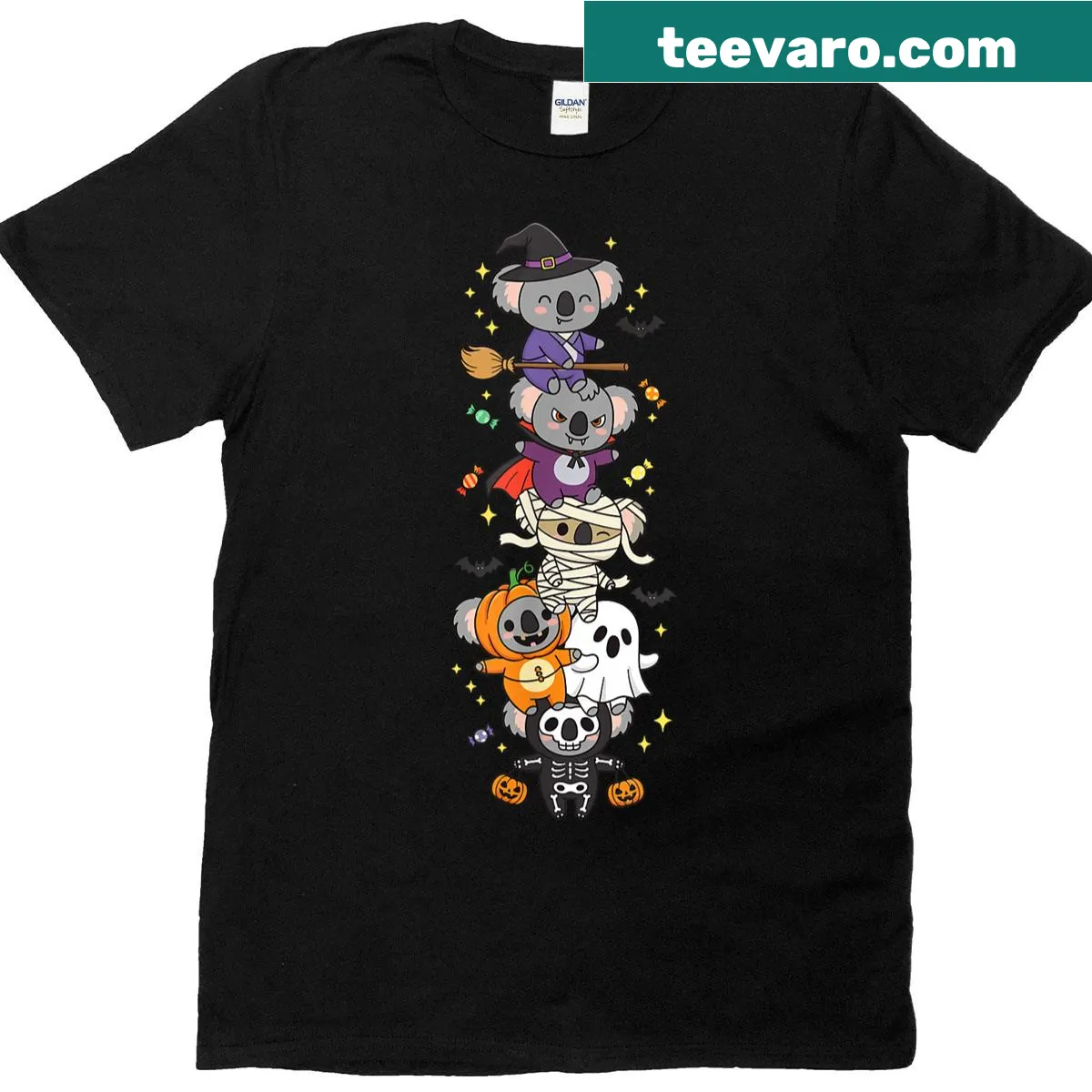 Whimsical koala witch and vampire ghost graphic on a Halloween t-shirt — on a men's t-shirt