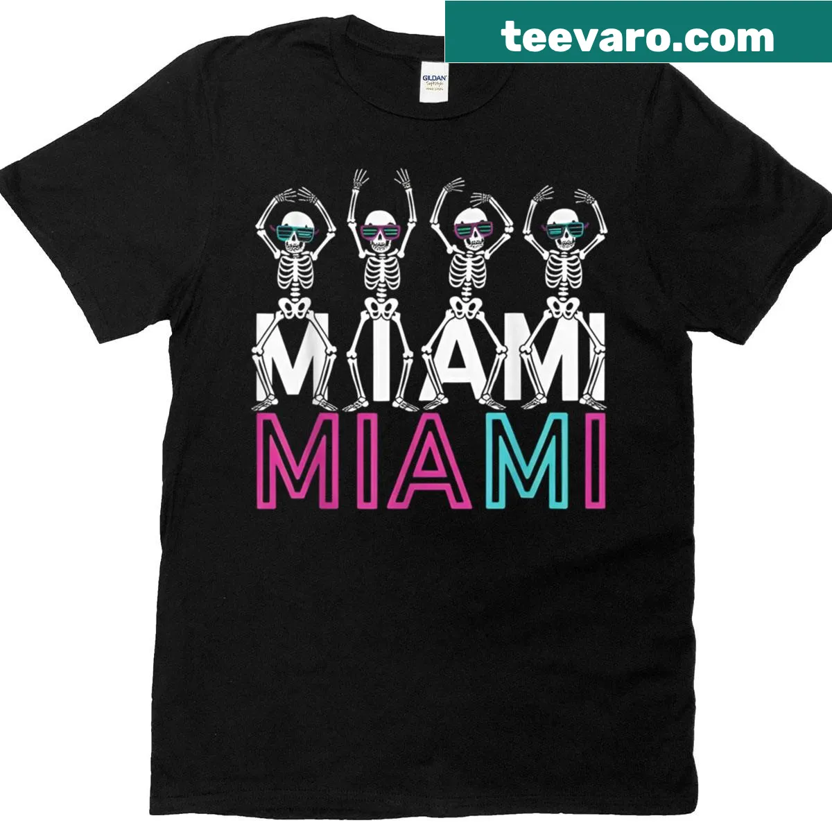 Retro Halloween t-shirt with a Miami-style skeleton graphic — on a men's t-shirt