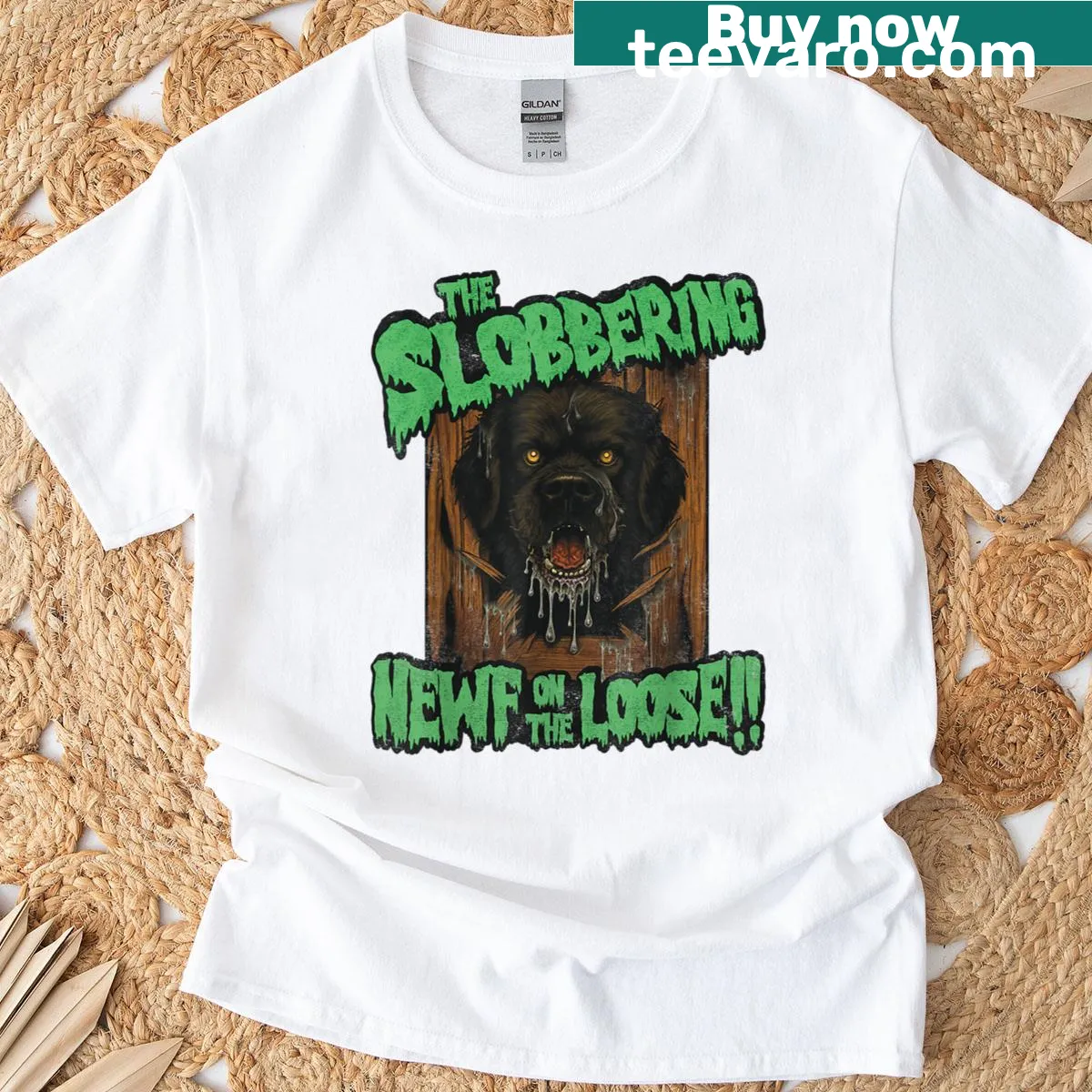 Funny cartoon-style T-shirt with a Newfoundland dog for Halloween — on a men's t-shirt