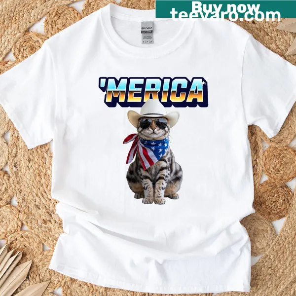 4th of July T-shirt with a funny patriotic cat design