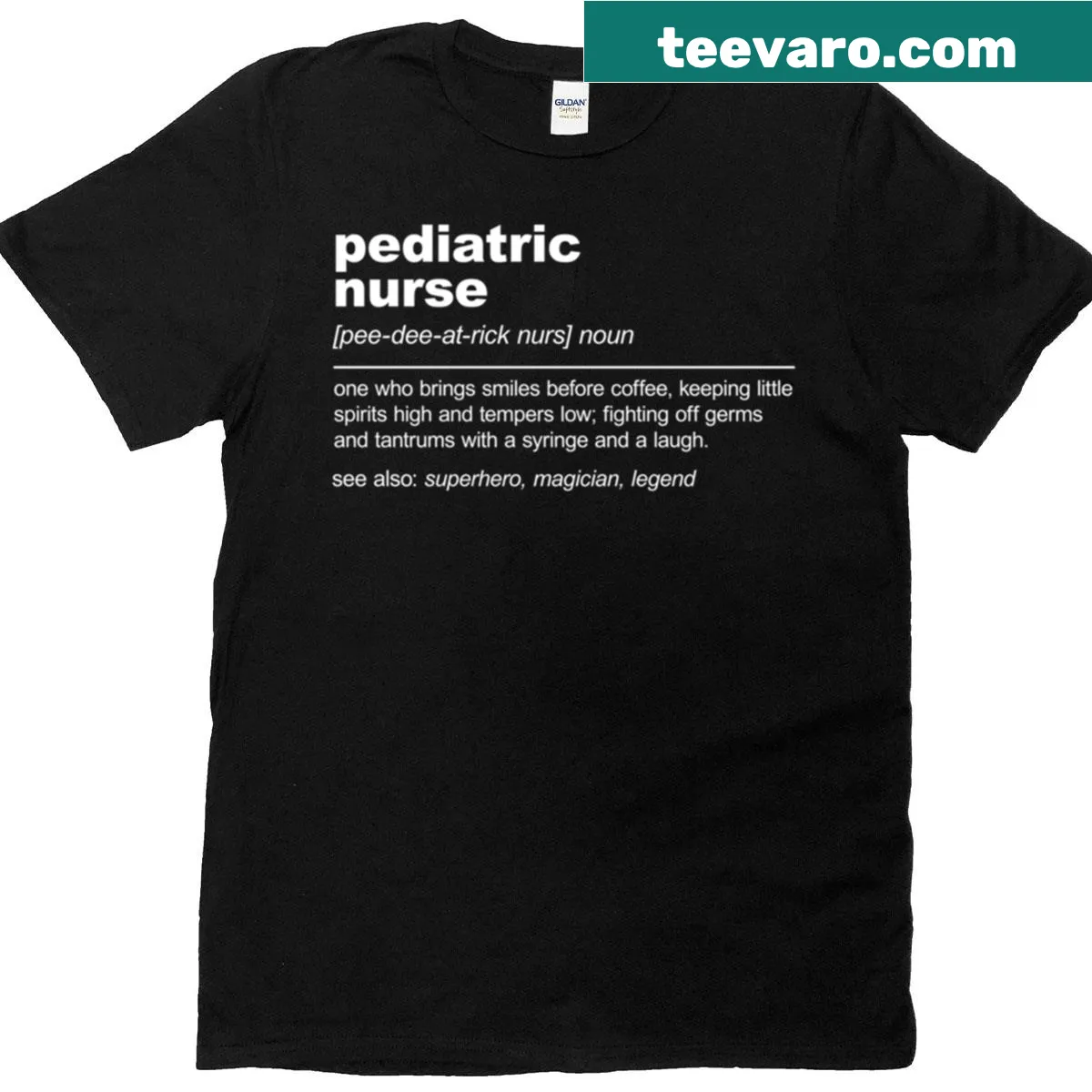 Witty pediatric nurse definition graphic t-shirt for graduates — on a men's t-shirt