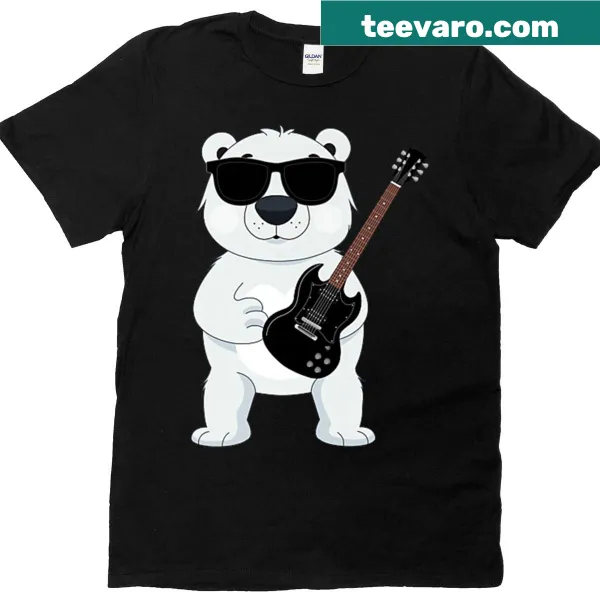 Funny t-shirt featuring a polar bear with sunglasses and guitar
