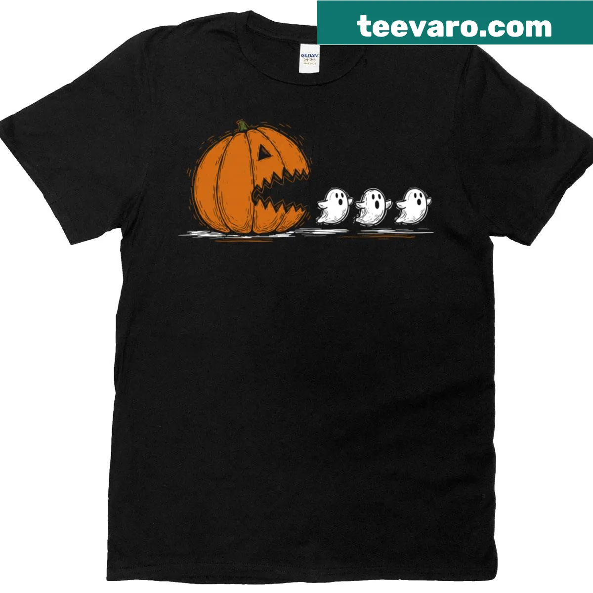 Vintage Halloween t-shirt with a pumpkin chasing a ghost — on a men's t-shirt