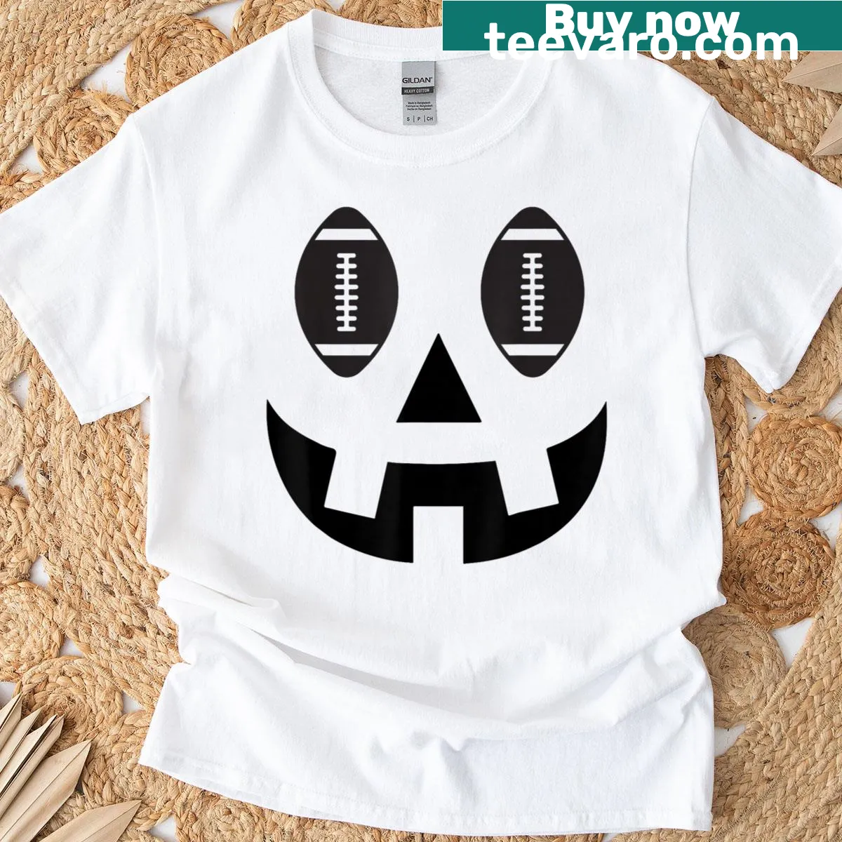 Halloween t-shirt with a football-themed jack-o'-lantern — on a men's t-shirt