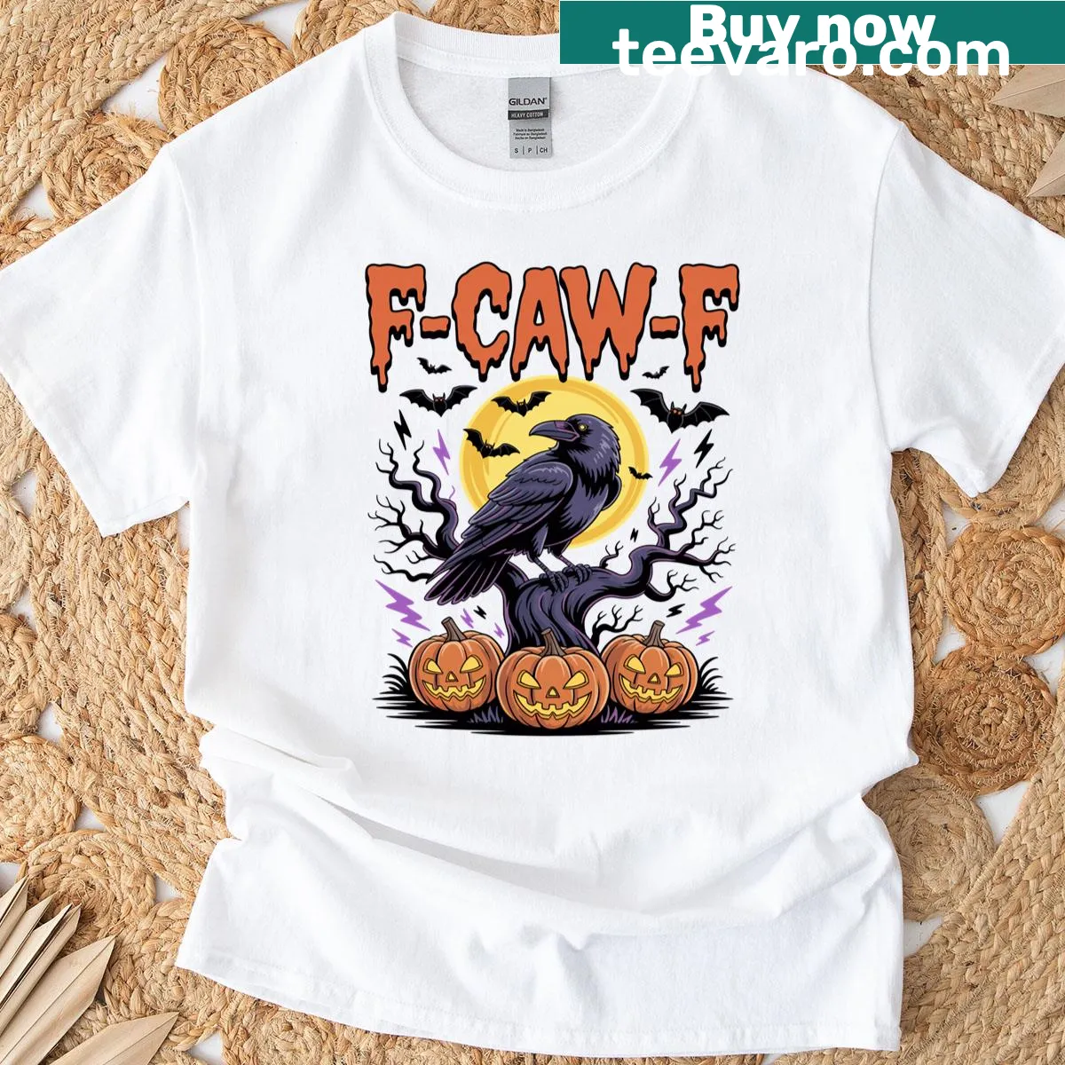 Halloween t-shirt with a raven, moon, pumpkins, and spooky tree design — on a men's t-shirt