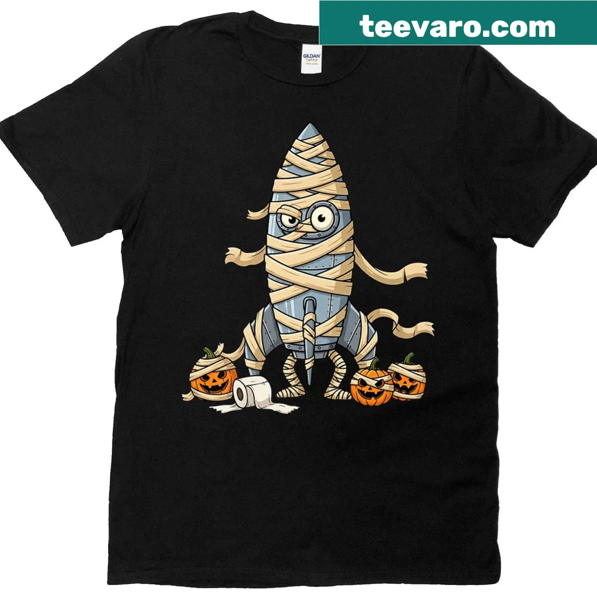 Rocket mummy and pumpkin graphic for Halloween — on a men's t-shirt