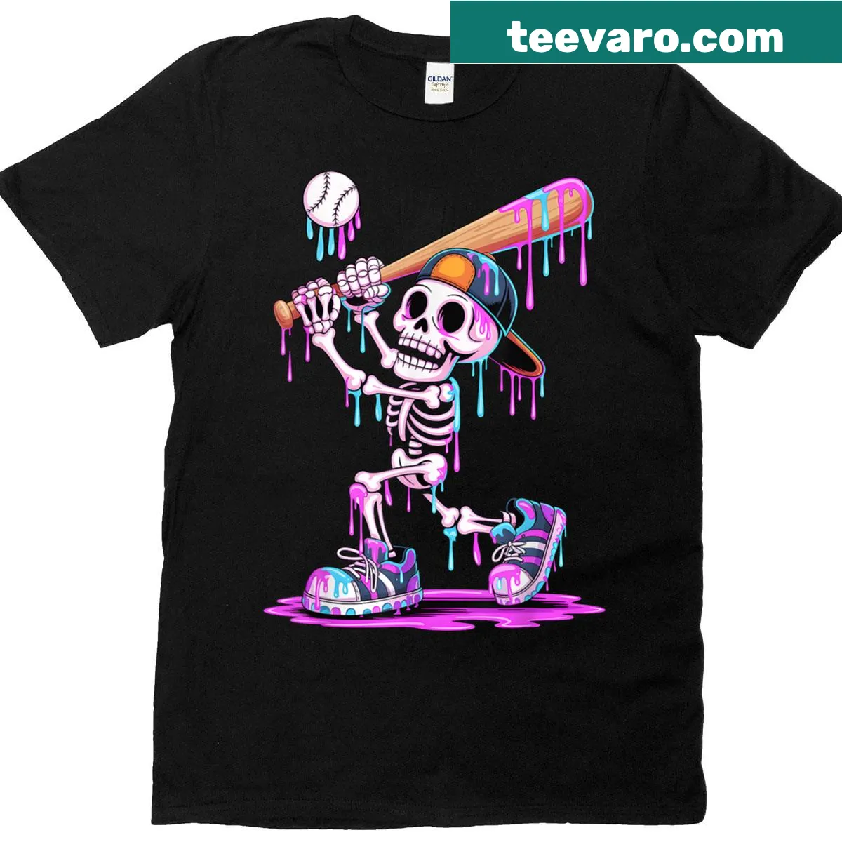 Skeleton baseball player graphic on a kids Halloween t-shirt — on a men's t-shirt