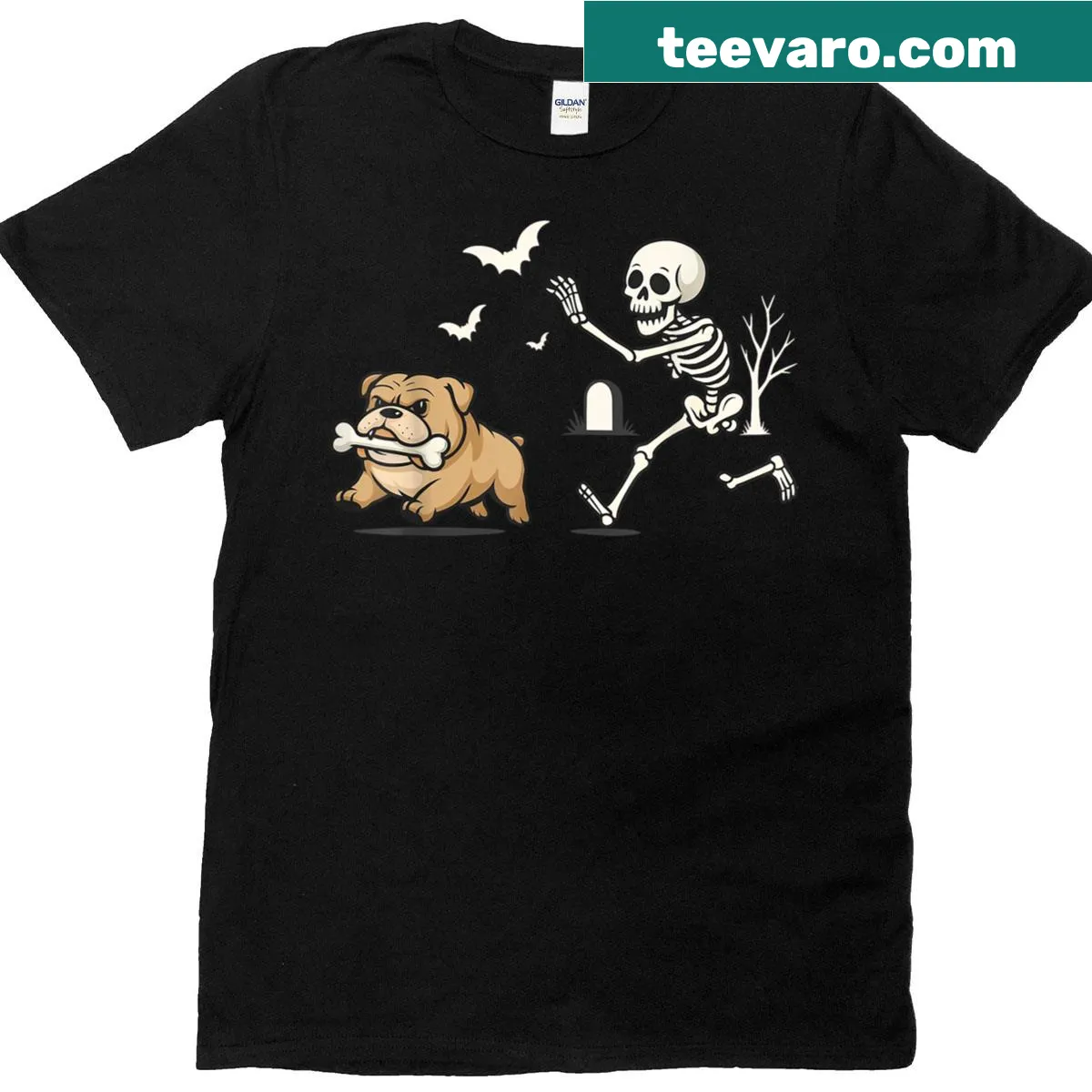 Skeleton chasing a French Bulldog on Halloween T-shirt — on a men's t-shirt
