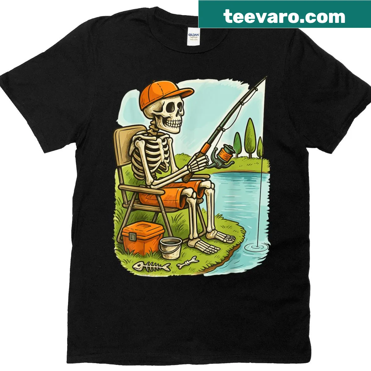 Skeleton fisherman graphic on a Halloween costume t-shirt — on a men's t-shirt