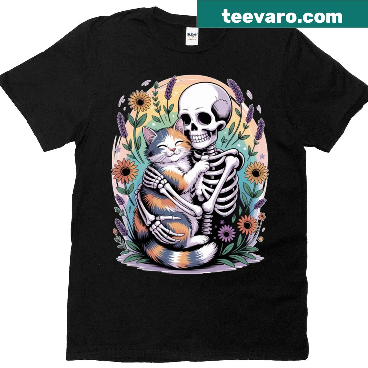 Funny Halloween T-shirt with a skeleton hugging a cat — on a men's t-shirt