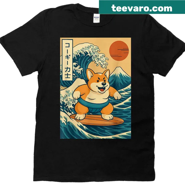 Cartoon T-shirt featuring a sumo corgi surfing a wave