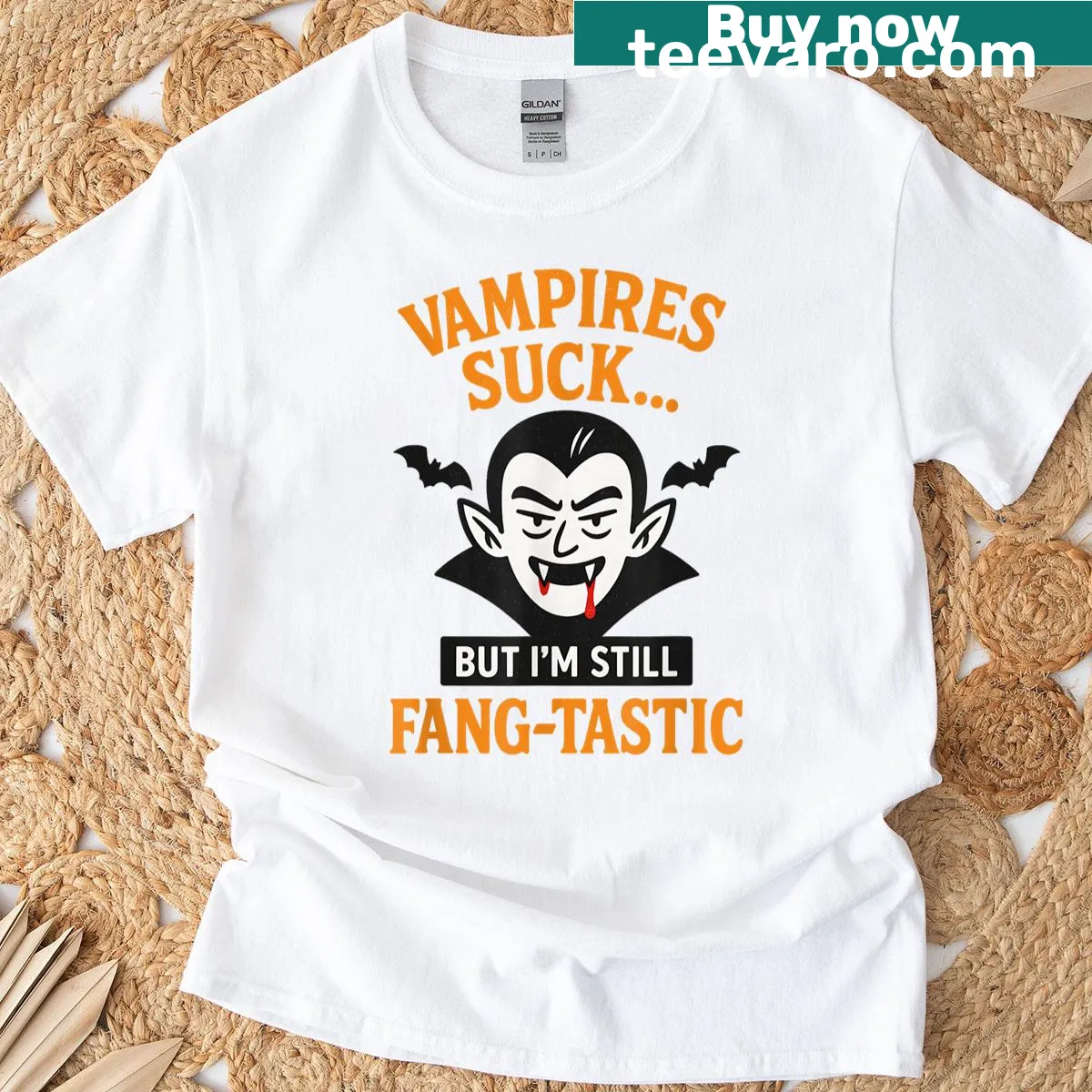 Humorous vampire t-shirt with playful fang design for Halloween — on a men's t-shirt
