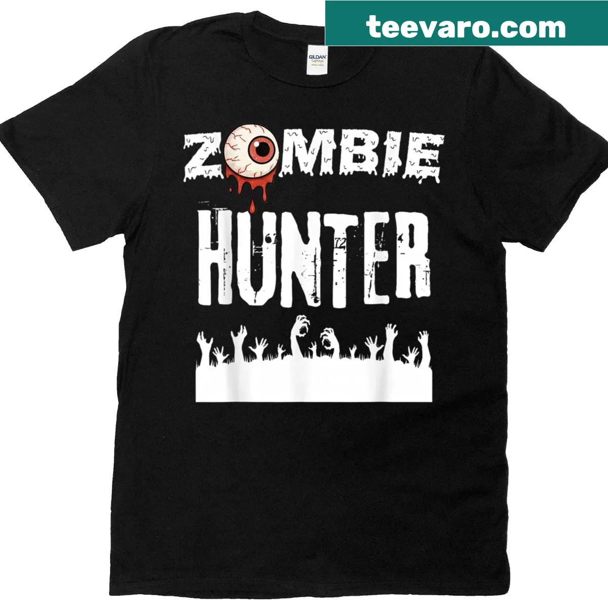 Funny zombie hunter t-shirt with cartoon graphic — on a men's t-shirt