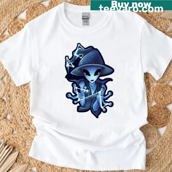 Alien witch illustration set in a galaxy on t-shirt