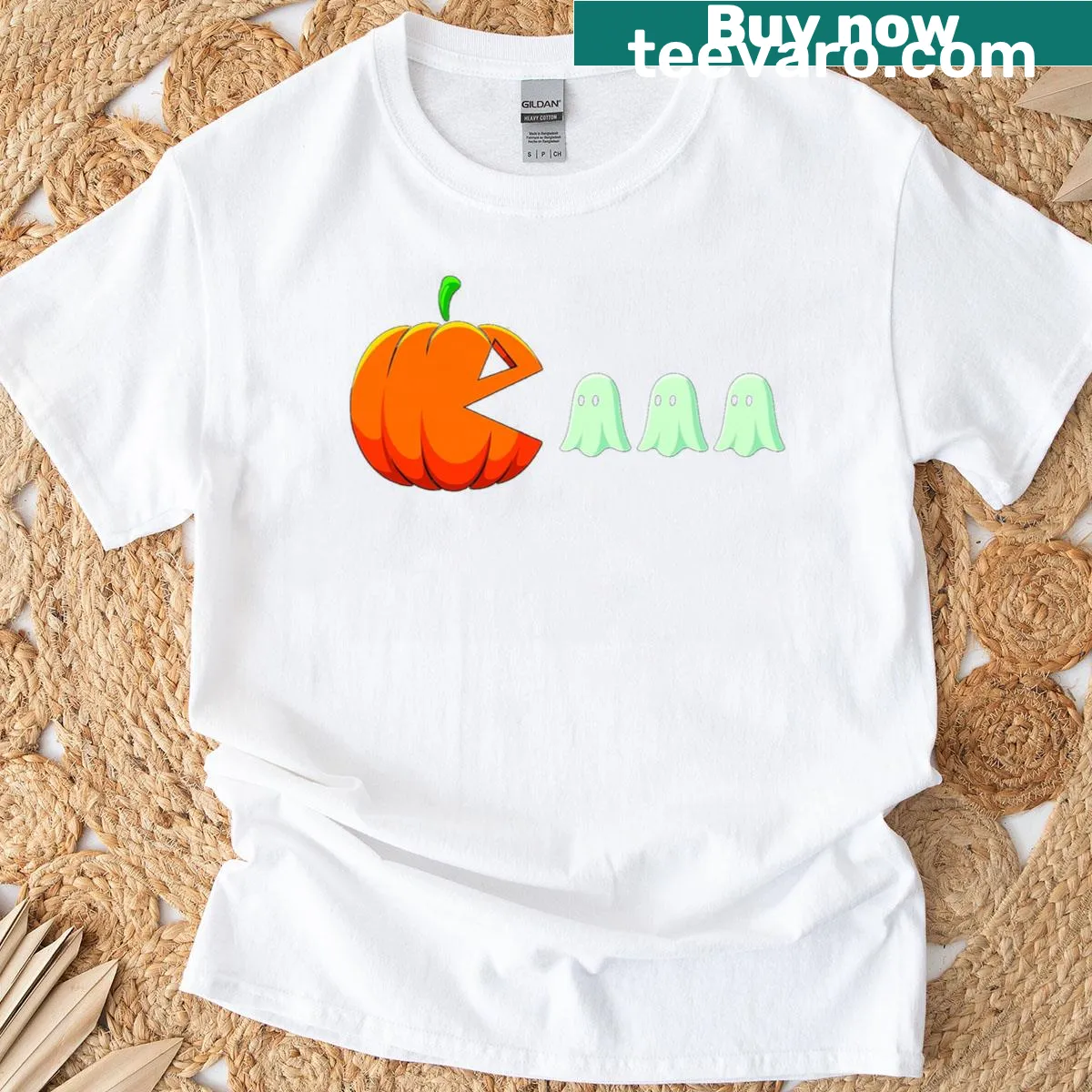 Halloween t-shirt featuring spooky gaming design with pumpkin and ghost — on a men's t-shirt