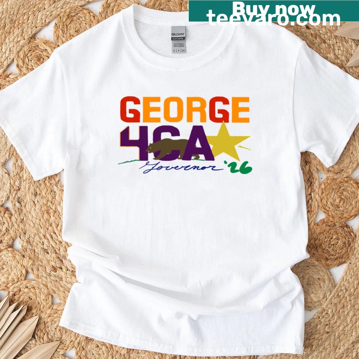 Colorful George 4ca rainbow typography T-shirt — on a men's t-shirt