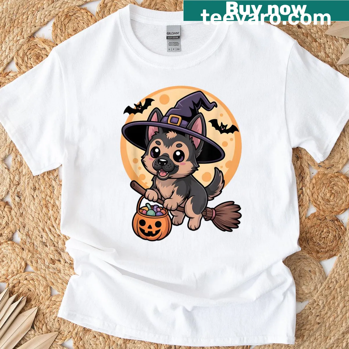Cute German Shepherd graphic t-shirt with a witch hat and pumpkin — on a men's t-shirt