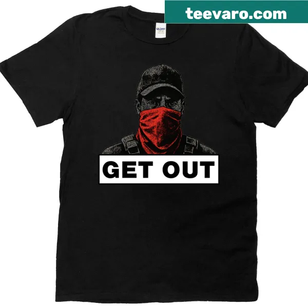 Stencil street art protest design with a red bandana mask on a t-shirt.