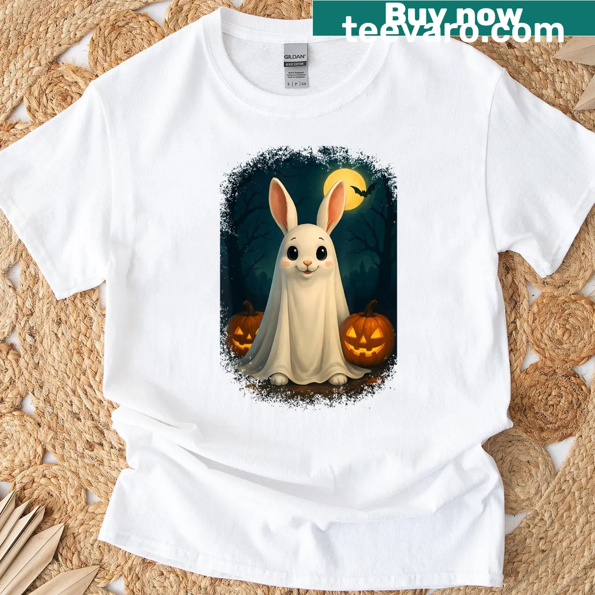 Cute Ghost Bunny Halloween T-shirt with playful illustration — on a men's t-shirt