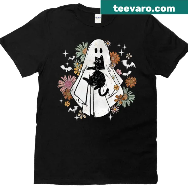 Cute ghost cat black kitten Halloween T-shirt design.