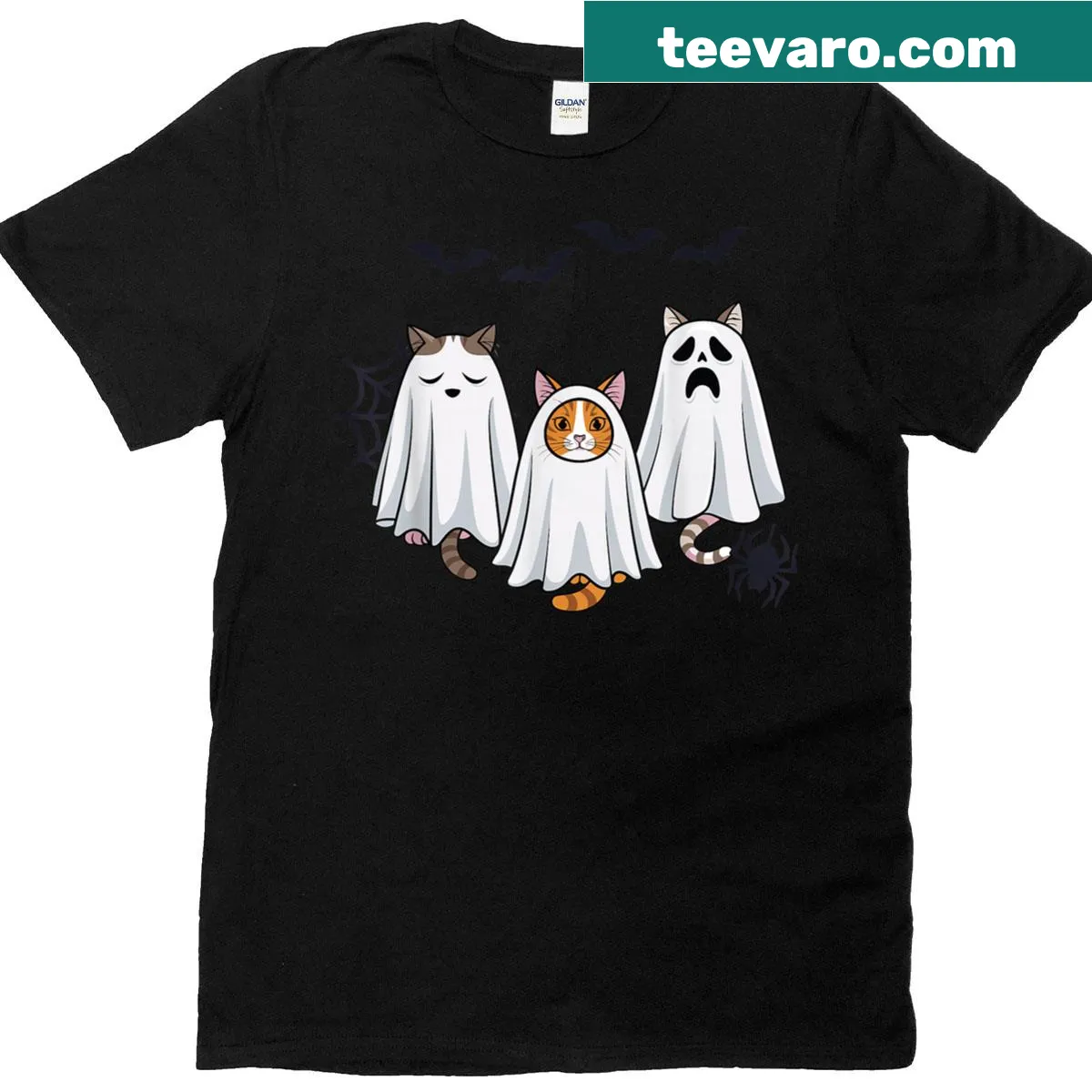 Illustrated spooky Halloween t-shirt featuring a ghost cat — on a men's t-shirt