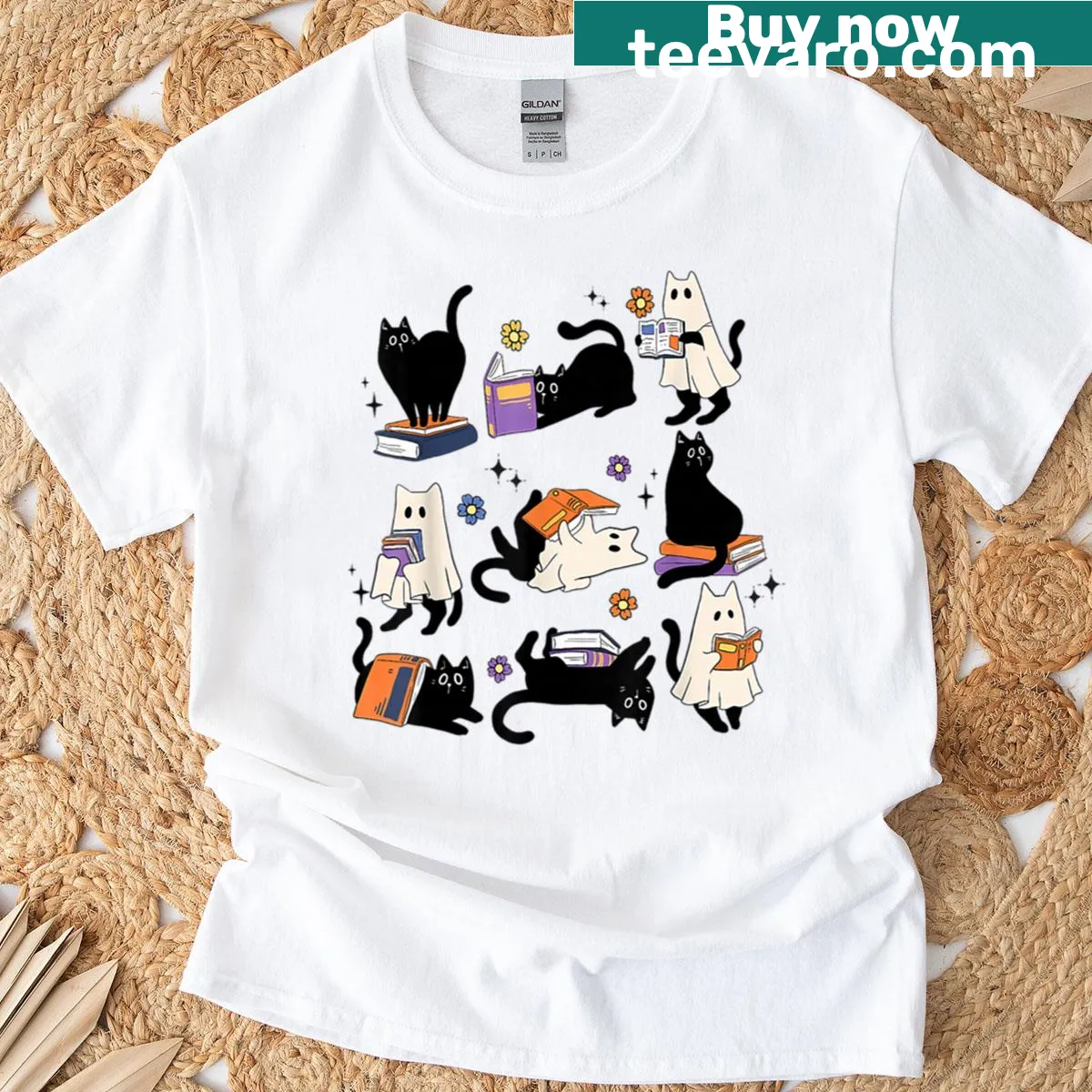 Halloween t-shirt with a ghost cat reading a book graphic — on a men's t-shirt