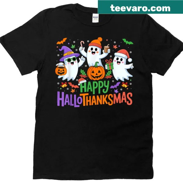 Amusing t-shirt with a ghost and 'Happy Hallothanksmas' graphic