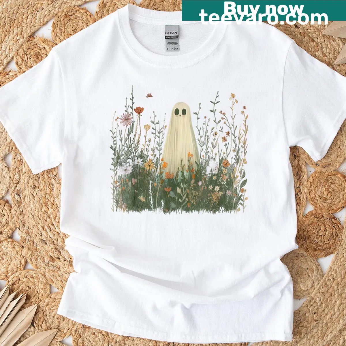 Retro Halloween t-shirt with ghost and wildflowers design — on a men's t-shirt