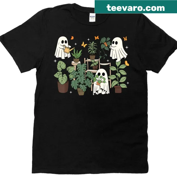 Retro Halloween shirt with ghosts and plants for plant lovers.