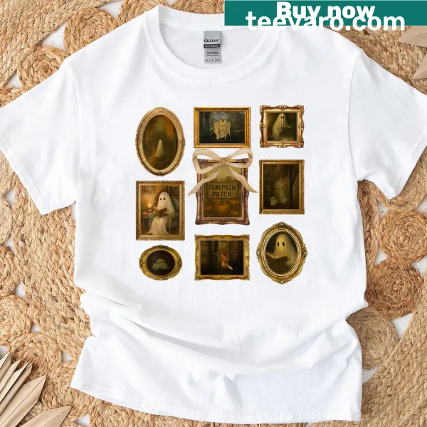 Ghost-themed shirt with picture frames and books for Halloween lovers