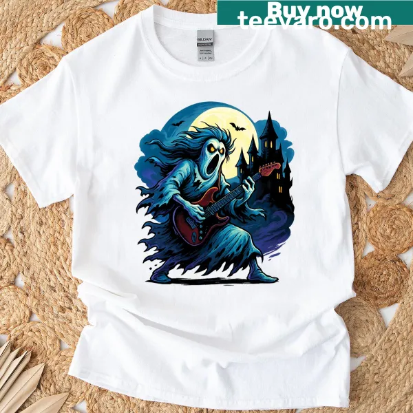 Funny ghost playing electric guitar Halloween t-shirt