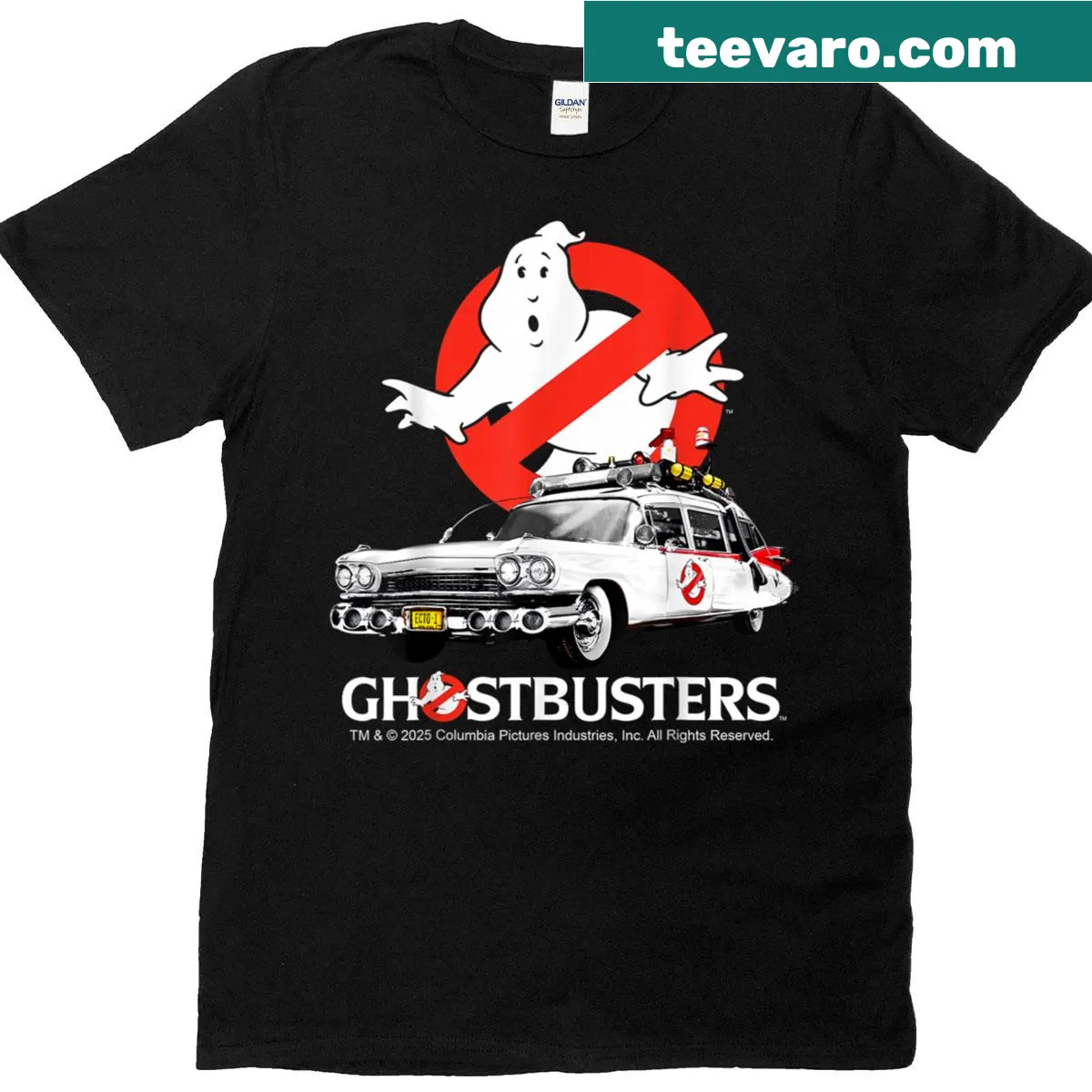 Iconic Ecto 1 design Ghostbusters Halloween T-shirt — on a men's t-shirt