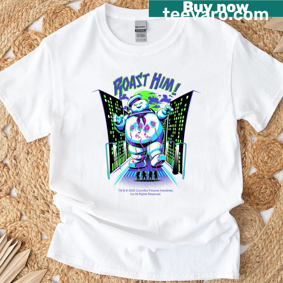 Ghostbusters-themed Halloween design on a T-shirt — on a men's t-shirt