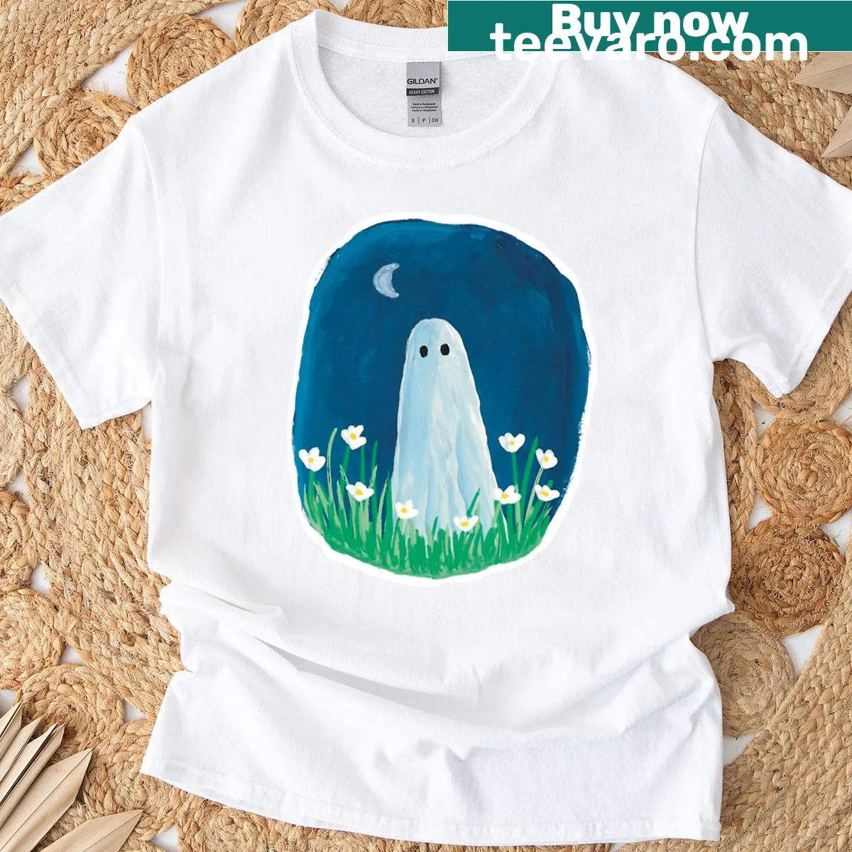 Whimsical ghost among flowers graphic on a t-shirt — on a men's t-shirt