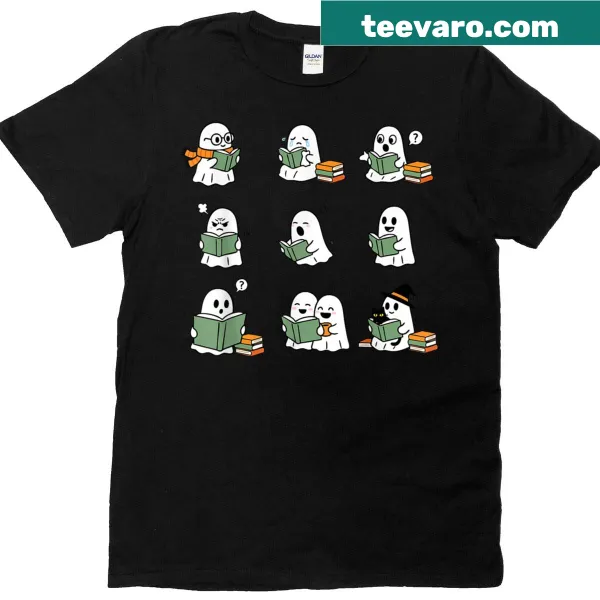 Adorable ghosts reading books design in Halloween-themed shirt.