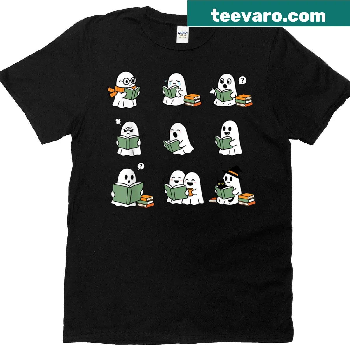 Adorable ghosts reading books design in Halloween-themed shirt. — on a men's t-shirt