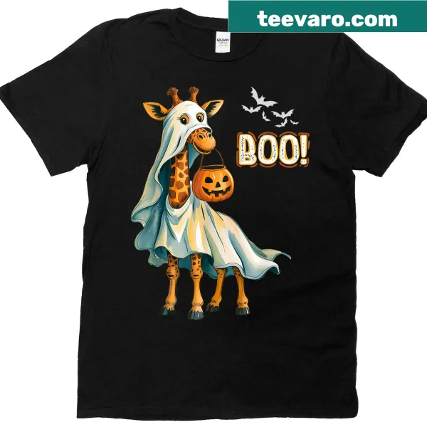 Cute giraffe in a ghost costume with a pumpkin for kids' Halloween t-shirt