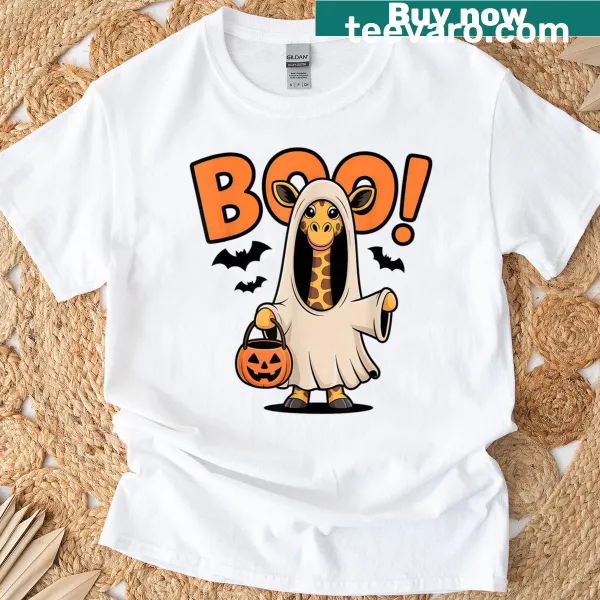 Funny Halloween shirt featuring a giraffe in a ghost costume