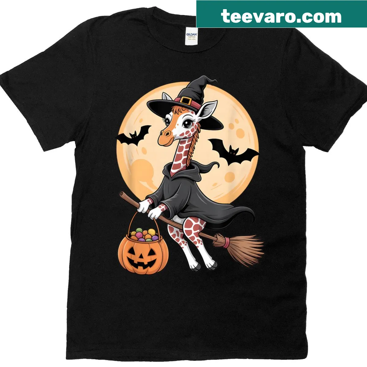 Illustration of a giraffe with a witch hat on a pumpkin for Halloween — on a men's t-shirt