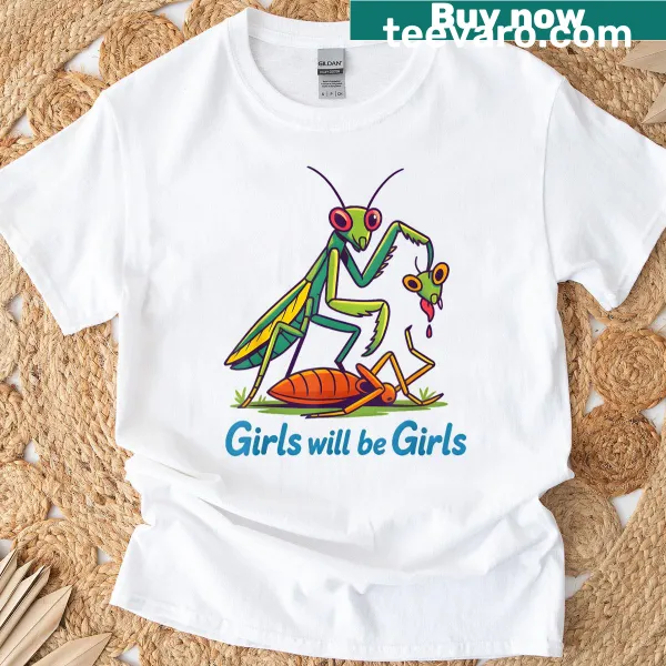 T-shirt featuring a playful praying mantis illustration