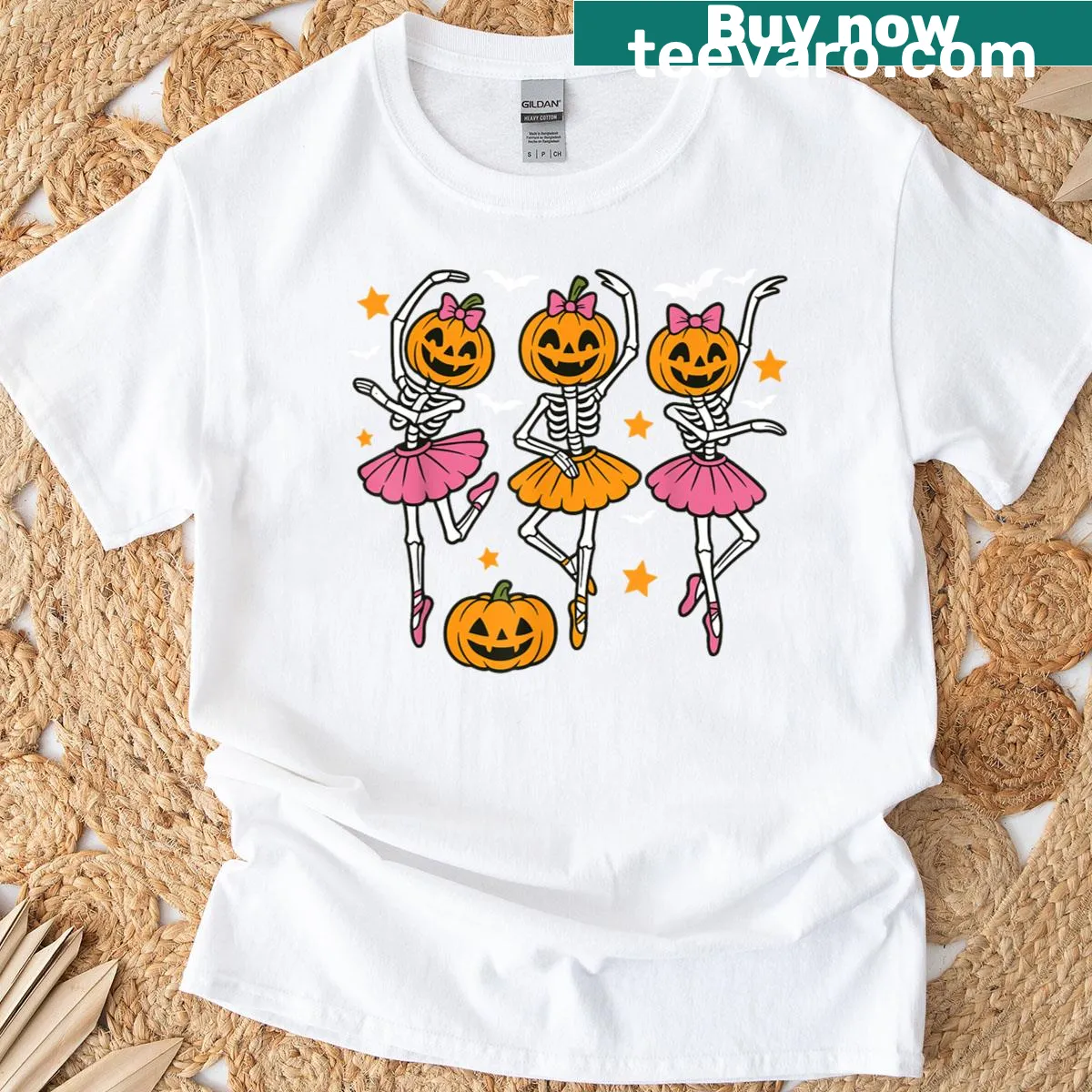Ballet skeleton and pumpkin graphic on a women's T-shirt — on a men's t-shirt
