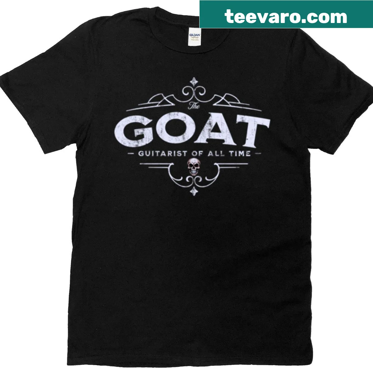 Graphic t-shirt stating Goat - Guitarist Of All Time with goat illustration — on a men's t-shirt