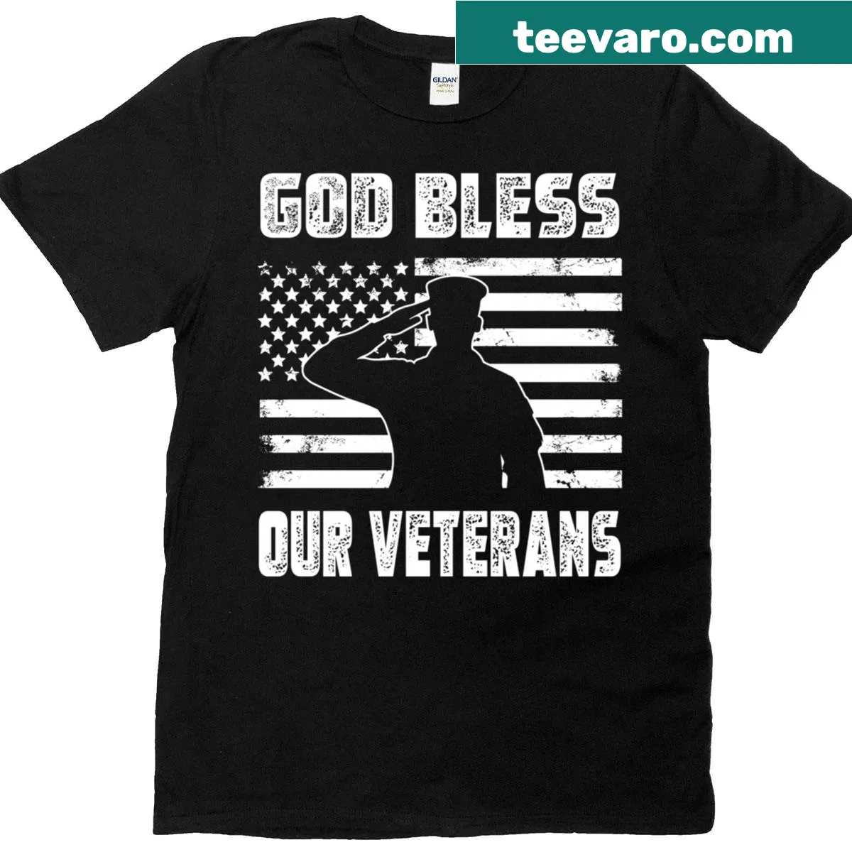Patriotic t-shirt featuring military salute and American flag — on a men's t-shirt