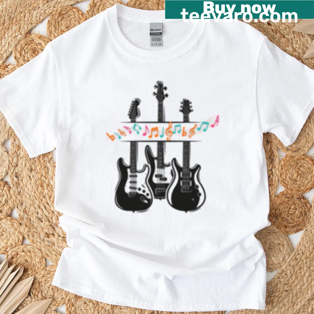 T-shirt featuring an artistic design of guitars celebrating music — on a men's t-shirt