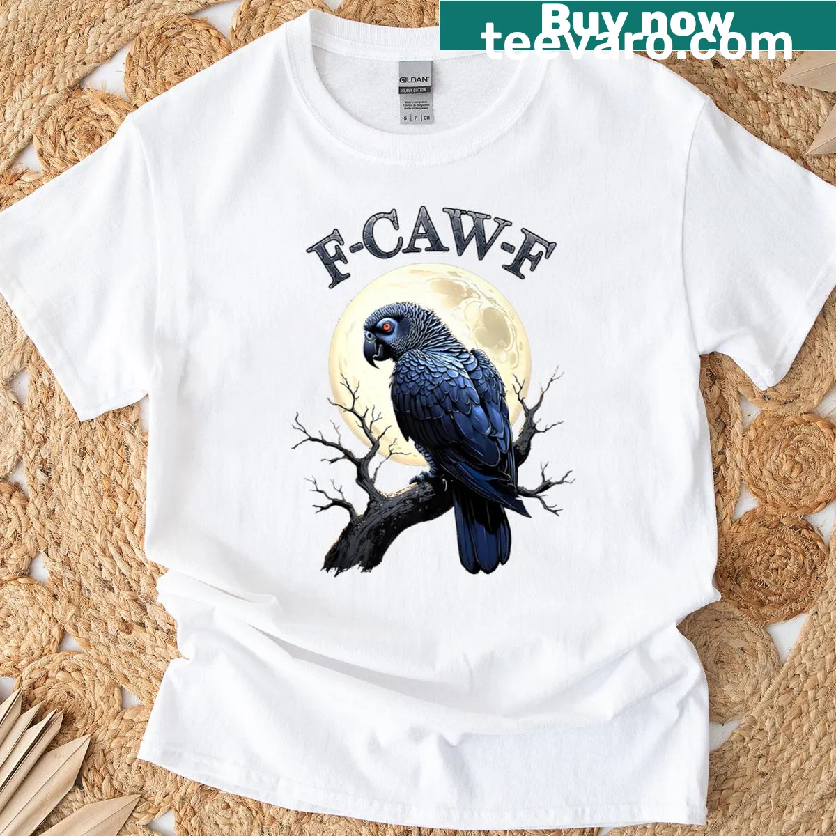Funny T-shirt featuring a grey parrot and moon design — on a men's t-shirt